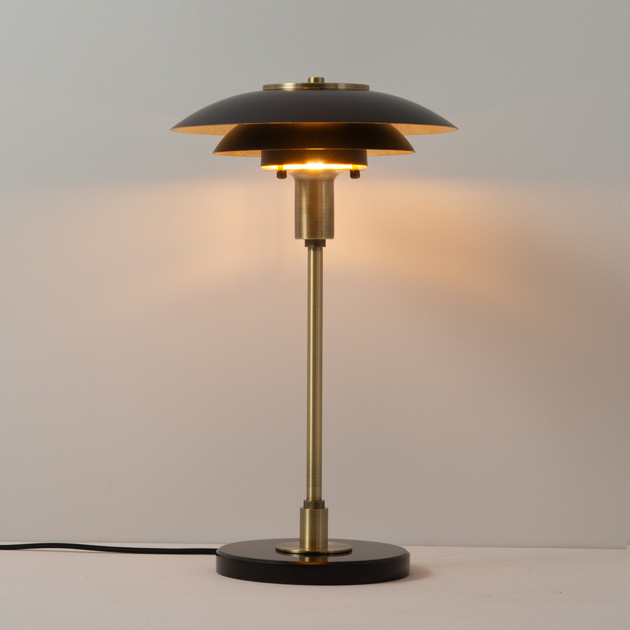 Rancho Mirage Table Lamp - Matte Black &amp; Gold-Leaf Shade, Weathered Brass, Black Marble Base -  Black