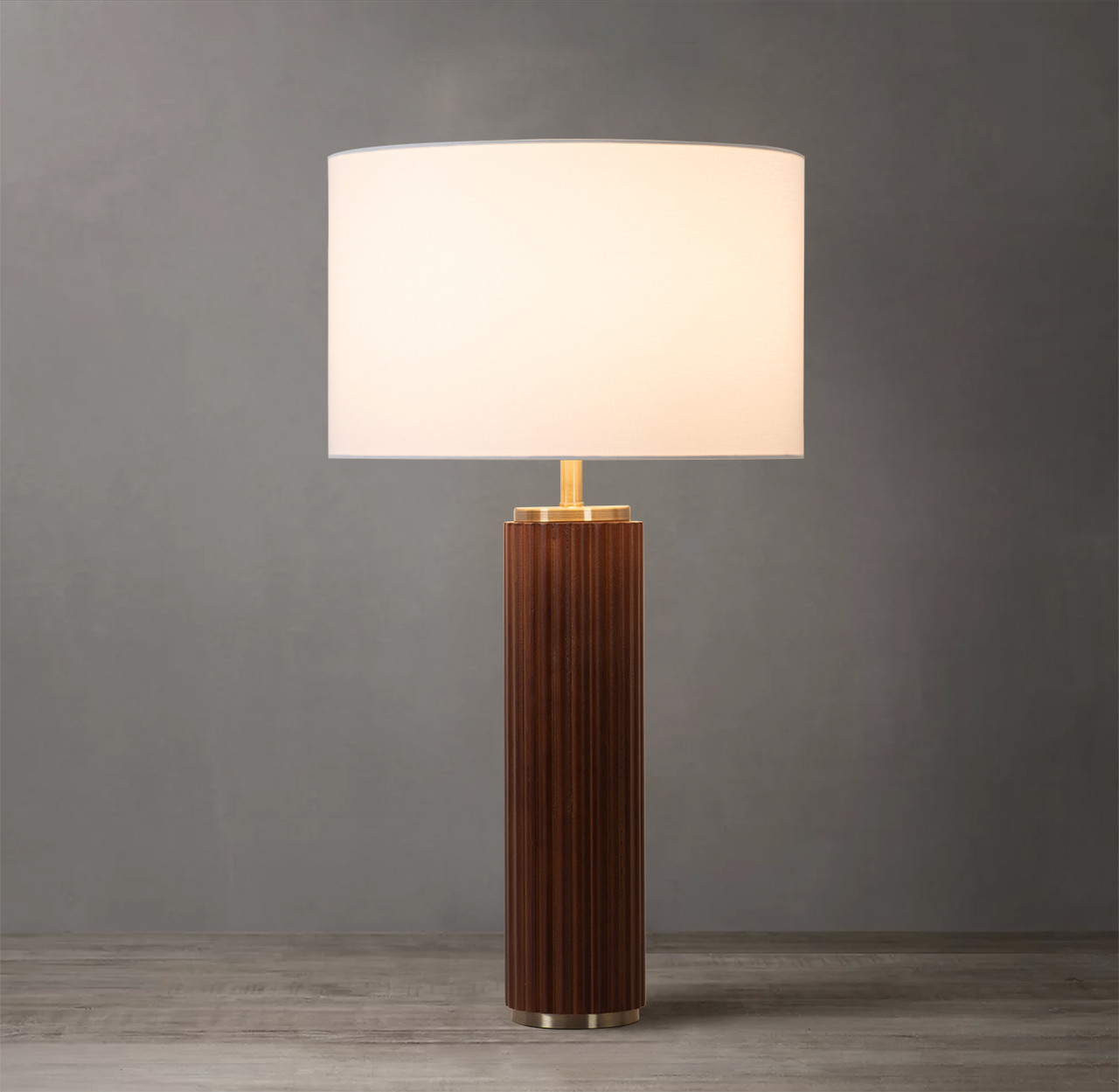 Tambo Table Lamp - Weathered Brass, White Linen Shade -  Dark walnut
