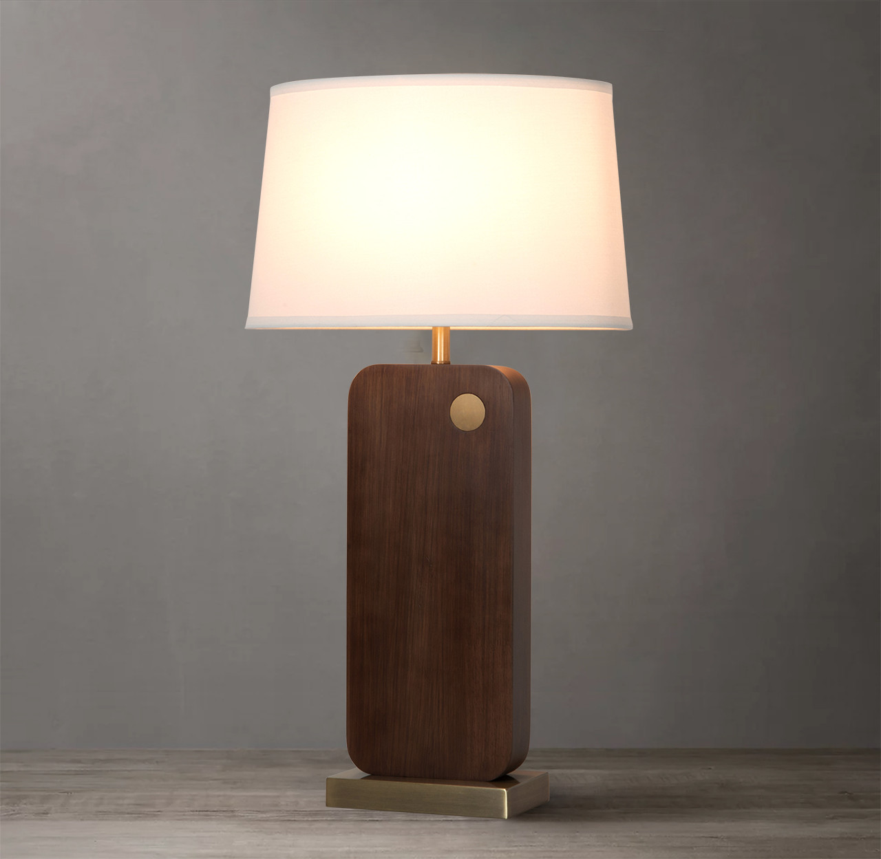 Laurel Table Lamp - Weathered Brass, White Linen Shade -  Dark walnut