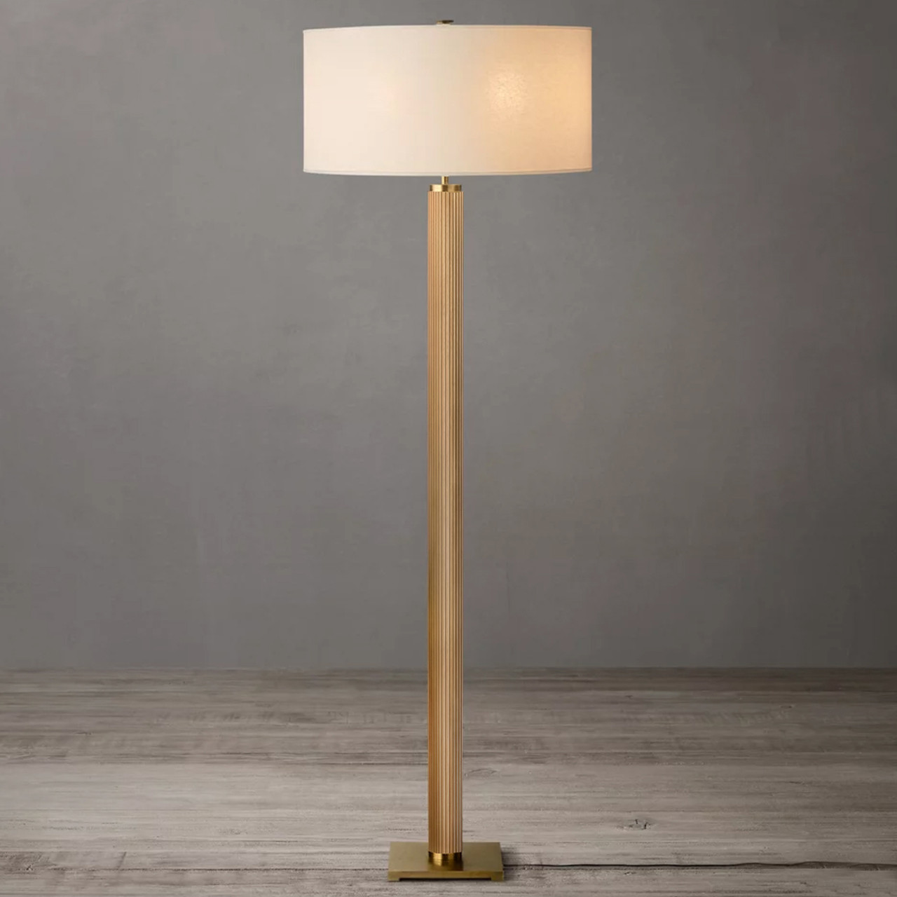 Tambo Floor Lamp - Weathered Brass, White linen Shade, Dimmer -  Natural Ash