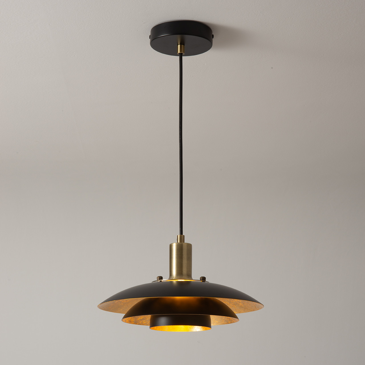 Rancho Mirage Small Pendant Light - Matte Black &amp; Gold-Leaf Shade, Weathered Brass -  Black