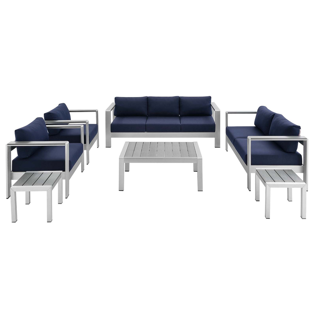 Shore Sunbrella Fabric Outdoor Patio Aluminum 7 Piece Set -  Fabric Navy