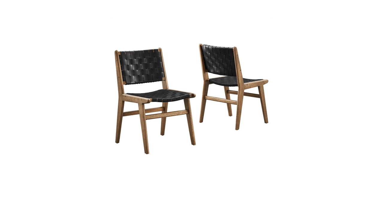 Saoirse Faux Leather Wood Dining Side Chair - Set of 2 -  Leather Walnut Black