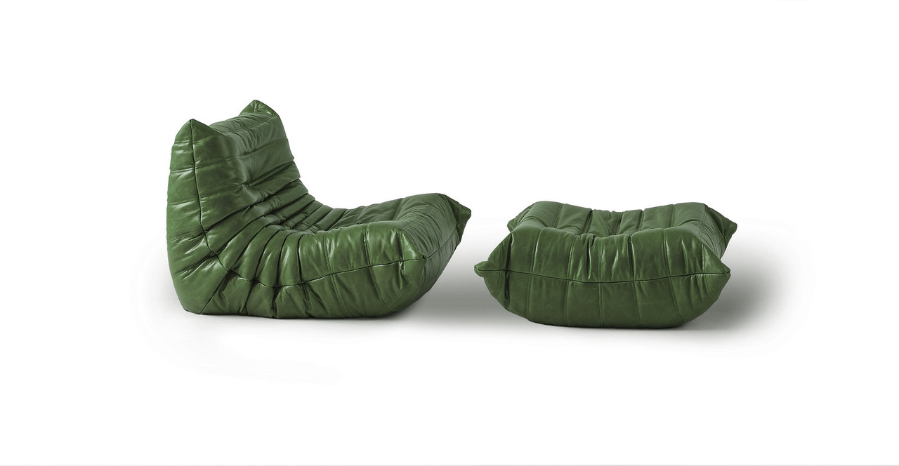 MCM Michel Ducaroy Modular Leather Lounge Chair & Ottoman | Configuration A - Leather Antique Green