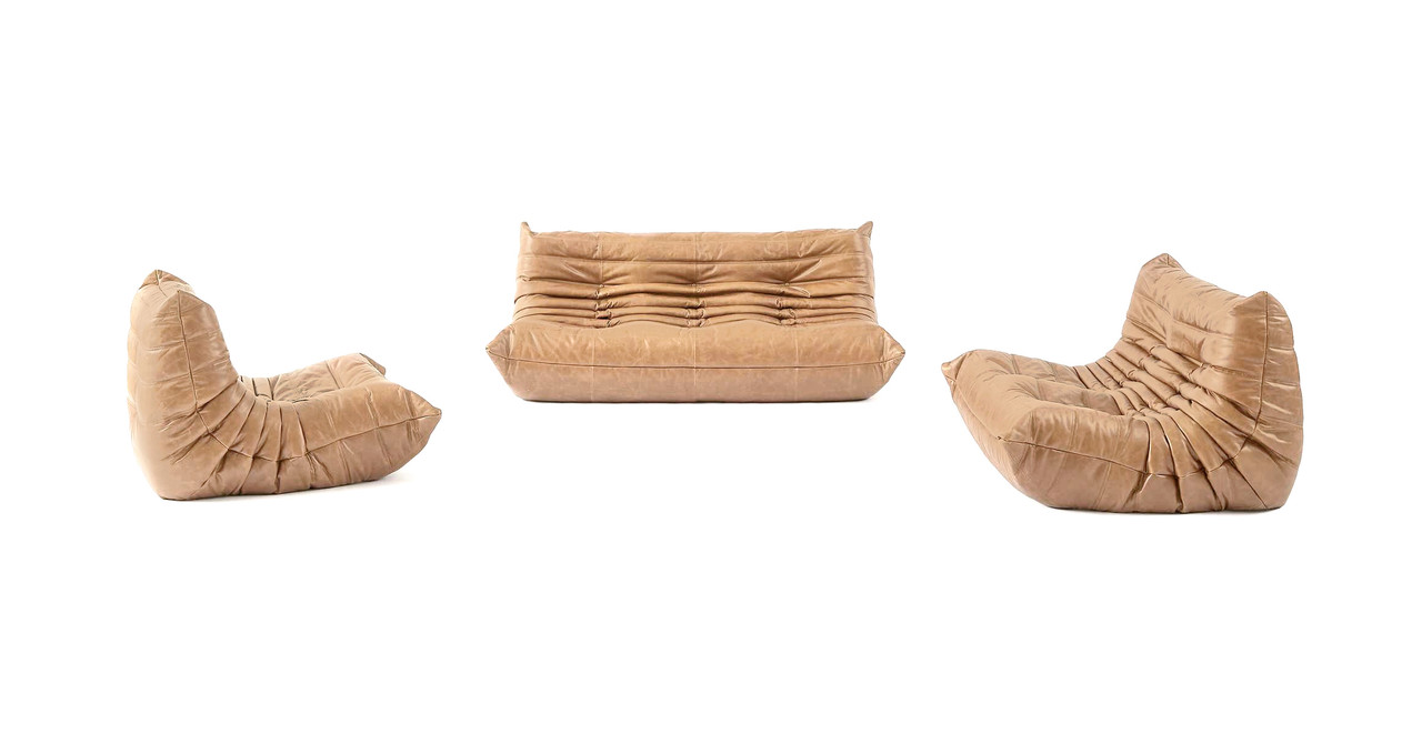 Michel Ducaroy Modular Leather Togo Sofa Set | Configuration C -  Leather Antique Cashew
