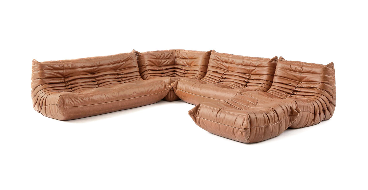 Michel Ducaroy Modular Leather Togo Sofa Set | Configuration E -  Leather Antique Light Brown