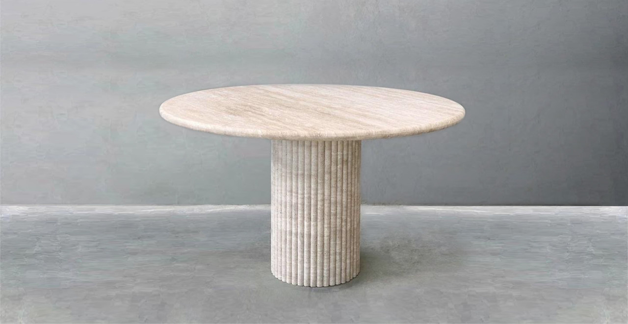 Colonna Fluted Round Travertine Dining Table - Marble Beige Travertine
