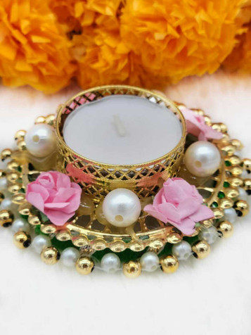 Tealight Candle Holder, Pearl and Paper Flowers Set of 3 Design 2