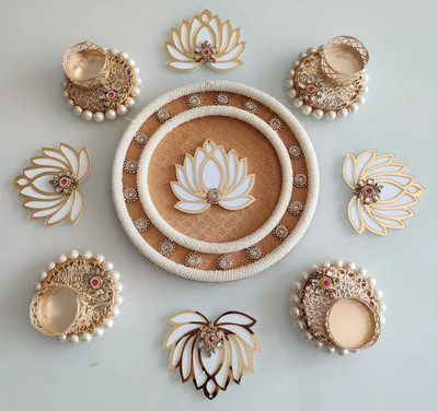 Tyohar Handmade Rangoli Mat with Lotus and Tealight Candle Holder Tyohar Handmade Rangoli Mat with Lotus and Tealight Candle Holder