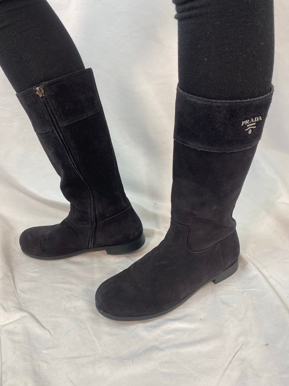 Prada Black Suede Zipper Prada Logo Boots