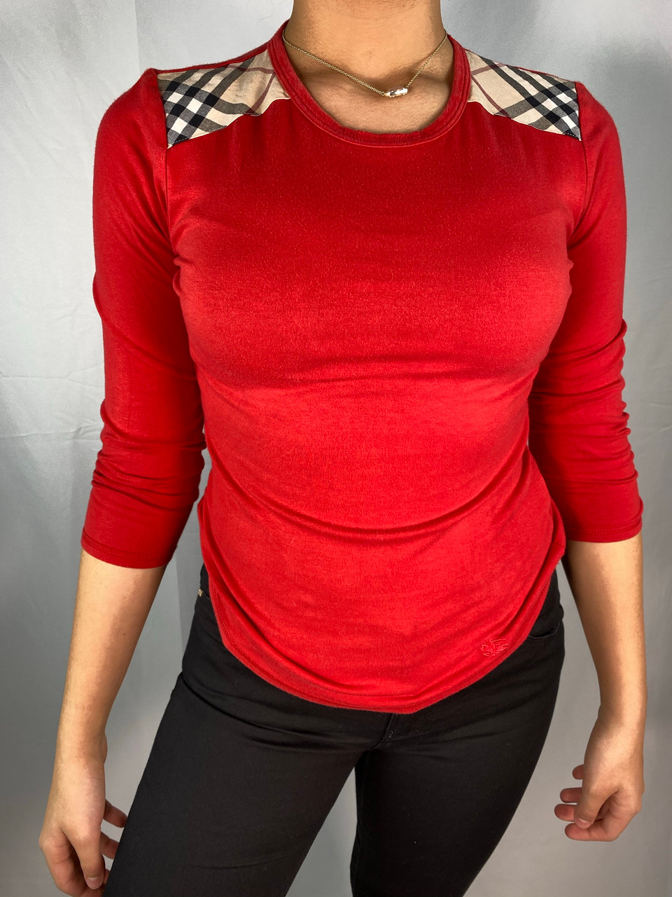 Burberry London Red Plaid Shoulder Long Sleeve T-Shirt Top