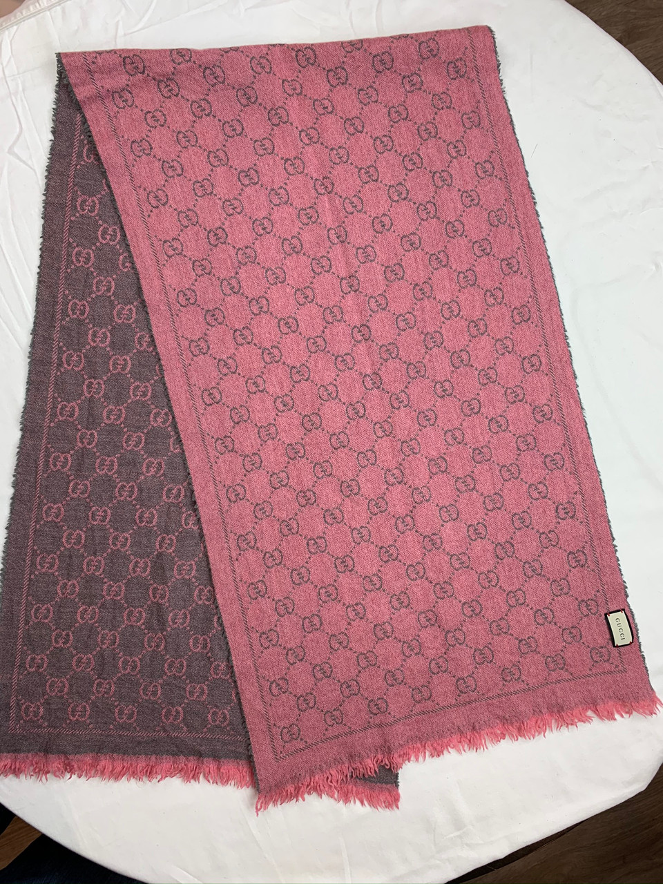 Gucci Pink Monogram Wool Fringed Square Scarf Gucci