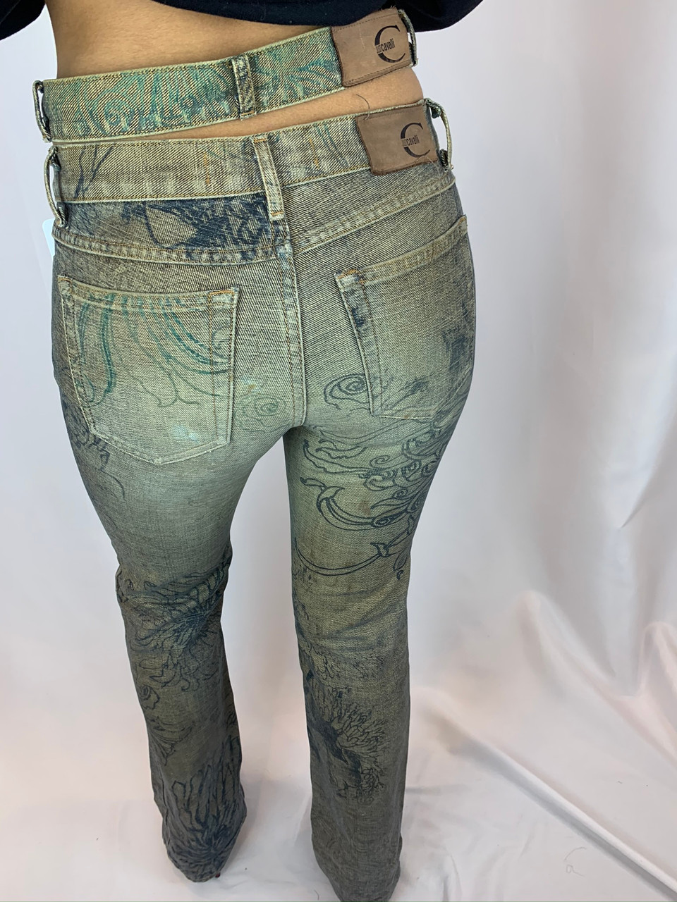 Eccentric Roberto Cavalli Floral Printed Denim Jeans with Attached