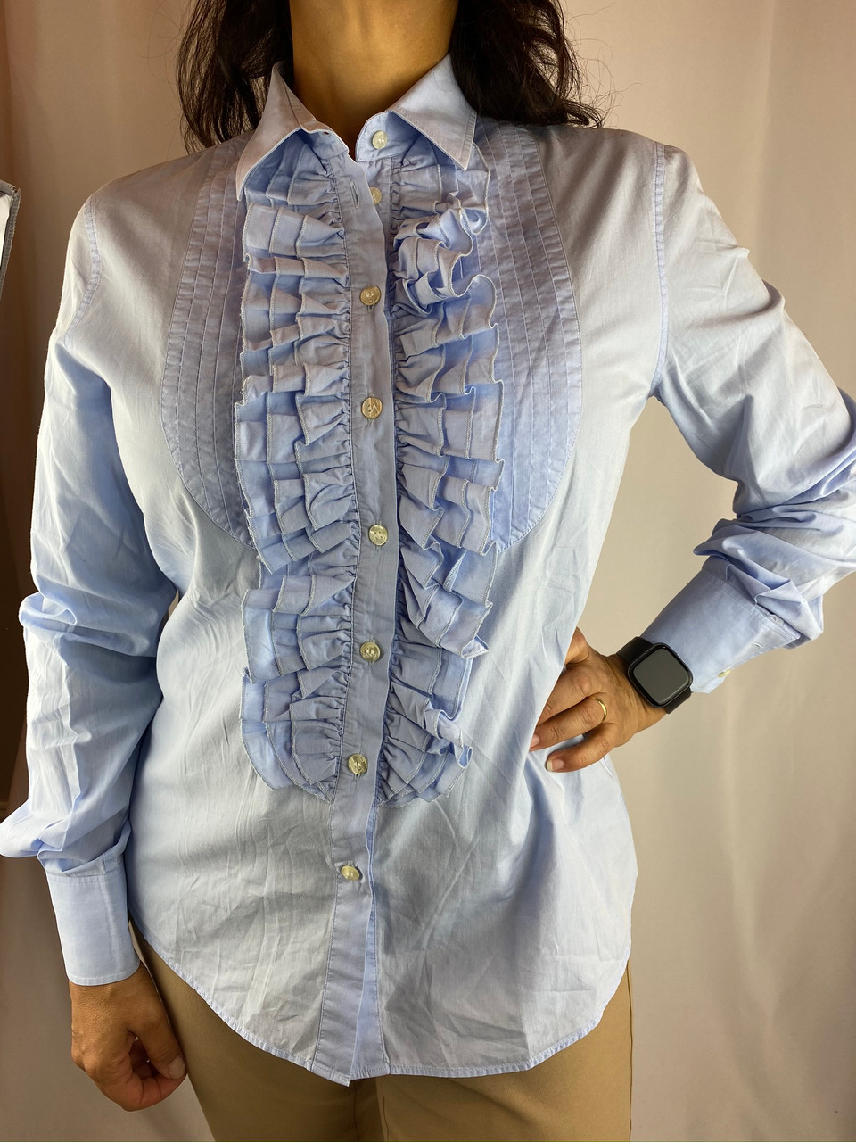 light blue ruffled tuxedo shirt