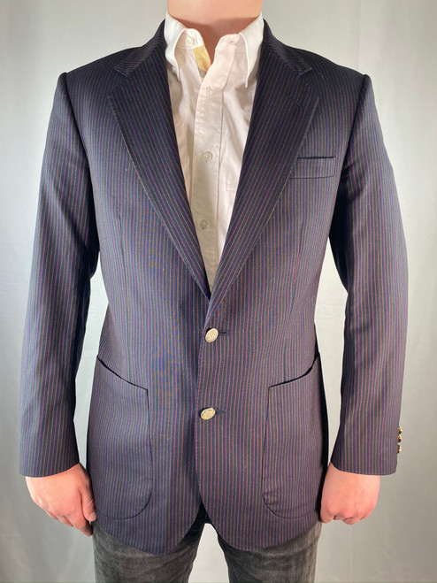 Burberry Navy Multicolor Pinstripe Gold Buttoned Wool Blazer