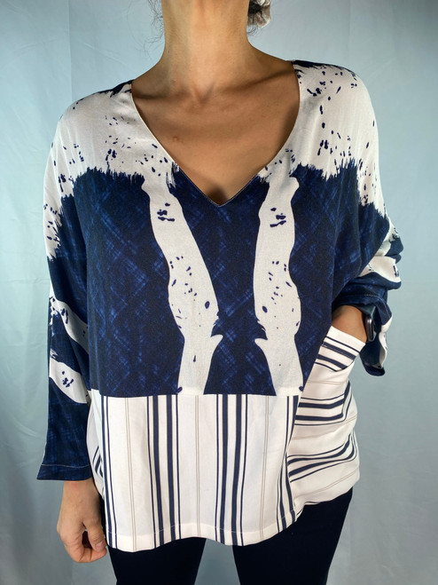 Antonio Marras Navy & White Dolman Mixed Material Print Top