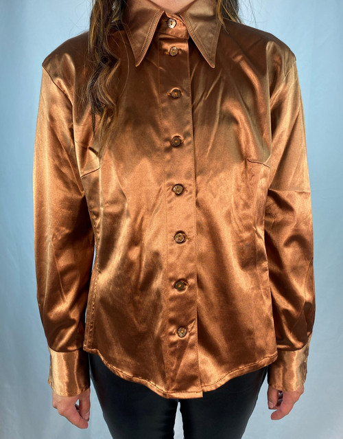 Metallic Bronze Fendi Satin Long Sleeve Button Up Shirt