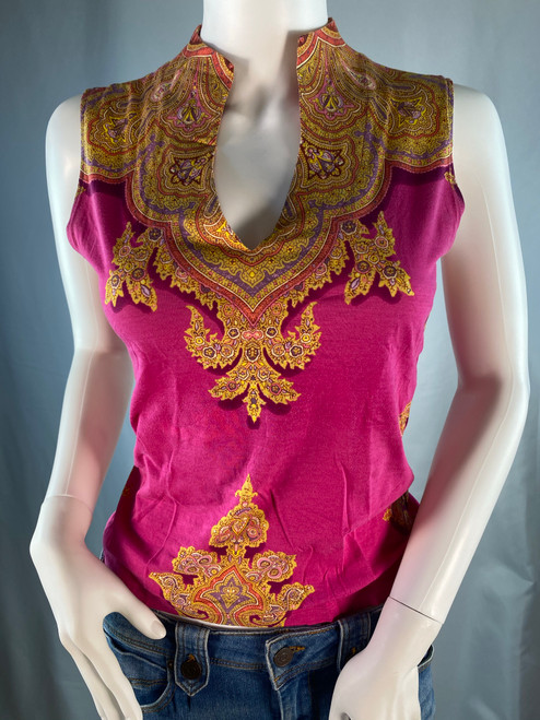KENZO PARIS Sleeveless Hot Pink Gold Ornate Oriental Print Top