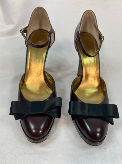 Dolce & Gabbana Dark Maroon Burgundy Black Satin Bow High Block Strap Leather Heel