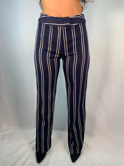 Burberry London Navy Blue & White Striped Straight Leg Pants