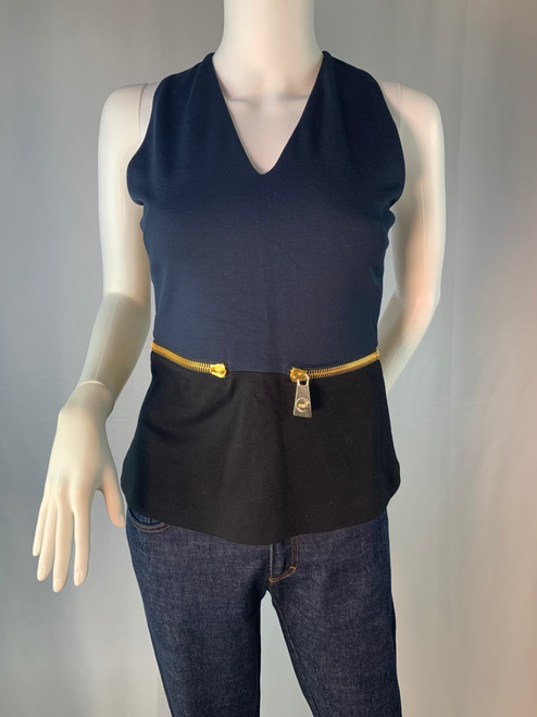 Cavalli Class Navy Blue Black Peplum Sleeveless Gold Zipper Top