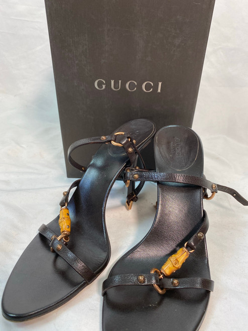 Gucci Dark Brown Bamboo & Bronze Metal Diagonal Strappy Sandal Heels