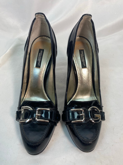 Dolce & Gabbana Black Patent Leather Silver DG Buckle Loafer Heels Pumps