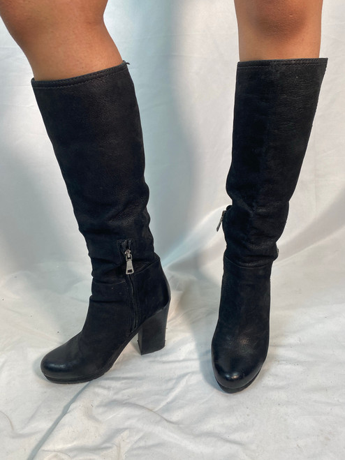 Prada Black Sheen Suede Chunky Heel Boots