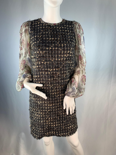 Dolce & Gabbana Printed Sleeve Mixed Material Tweed Dress