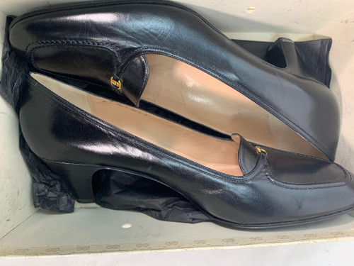 Gucci Black Leather Mini Gold Logo Loafer Heels