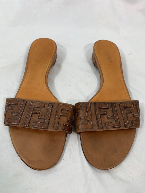 Fendi Brown Leather FF Logo Slippers
