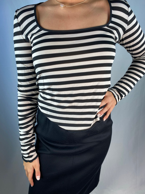 Emporio Armani Sheer Black & White Striped Long Ruched Sleeve Top