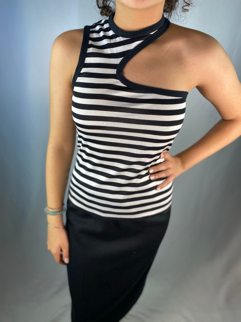 Dolce & Gabbana Black & White Striped Asymmetrical Top