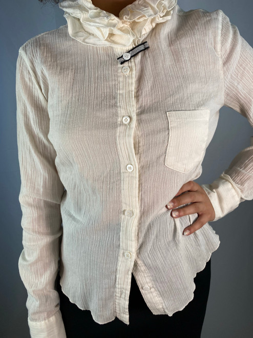 Armani Jeans Cream Ivory Crinkle Cotton Ruffle Neck Button Up Shirt Blouse