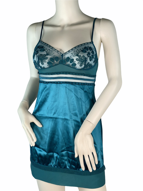 La Perla Teal Blue Silk Embroidered Mesh Chemise Dress