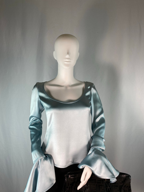 Yves Saint Laurent Light Blue Silk Satin Aquaruffle Cuff Blouse NWT