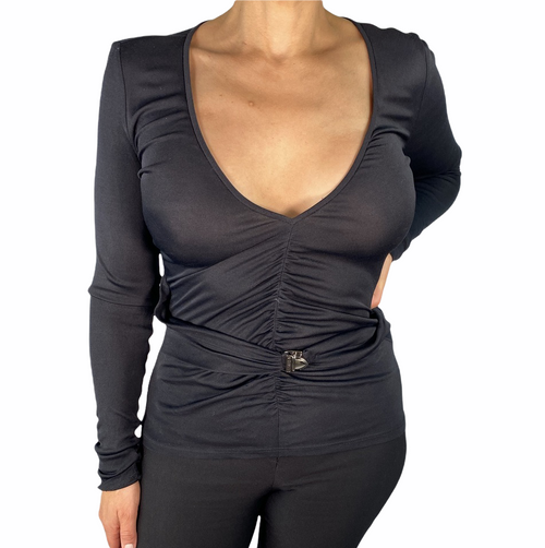 Versace Black Deep V Long Sleeve Canotta Top