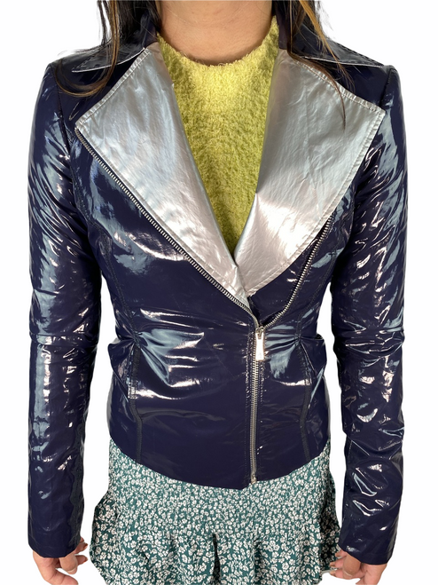 Versace Jeans Couture Navy Blue & Silver Futuristic Poliurethane Zipper Jacket