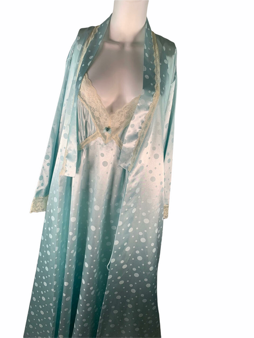 Christian Dior Lingerie Mint Green Blue Polka Dot Gown & Robe Set