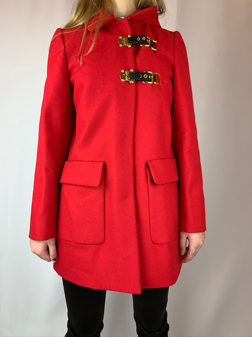 Miu Miu Red Pea Coat Gold & Leather Embellishments