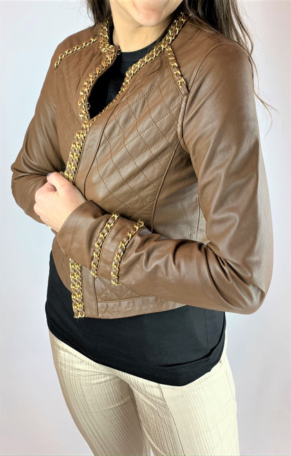 Michael Kors Cognac Leather Jacket with Gold Accents