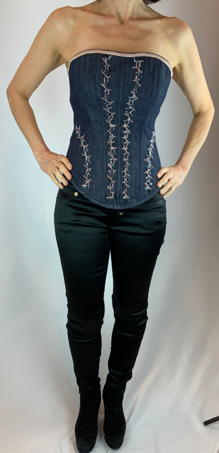 Roberto Cavalli Denim Corset with Baby Pink Stitching and Brown Lace-Up