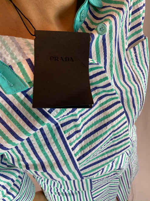 Prada Blue/Aqua/Seafoam Green Striped Dress/Shirt