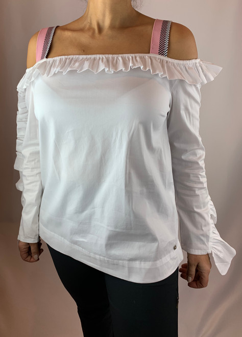 Byblos White Ruffled Off-The-Shoulder Long Sleeve Top