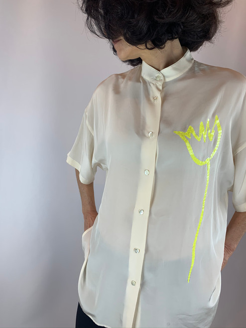 Silk Iceberg Short Sleeve Button Up with Yellow Sequined Flower