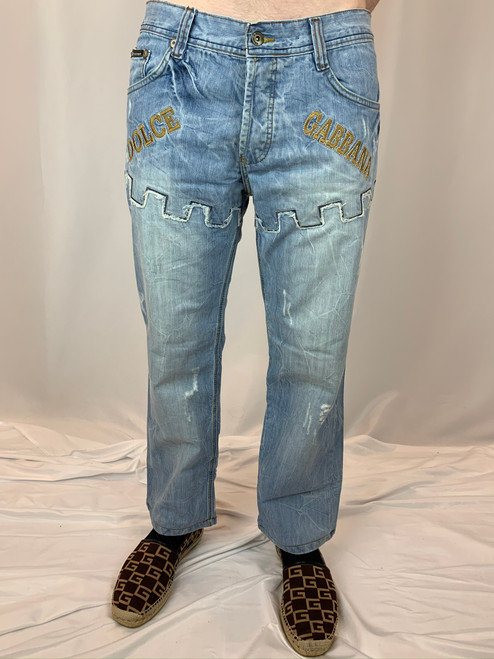 Dolce & Gabbana Multi-Patch Distressed Light Wash Jeans (Rare)