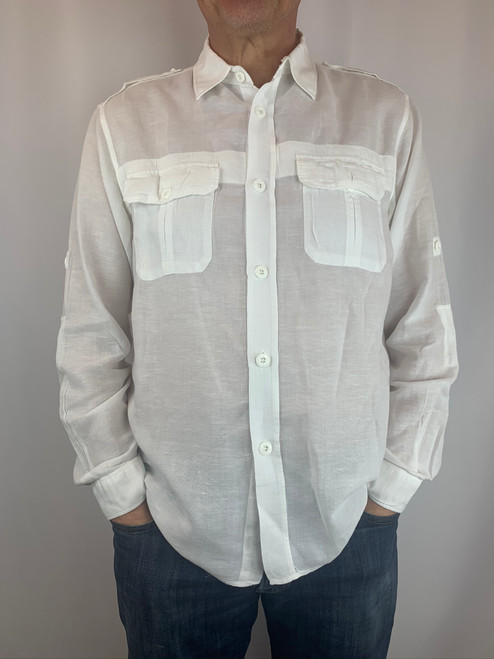 Stone Island White Double Pocket Semi-Sheer Long Sleeve Button Up Shirt