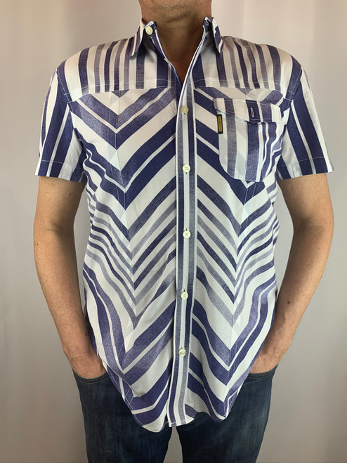 Armani Jeans Blue & White Herringbone Button Up Short Sleeve Shirt