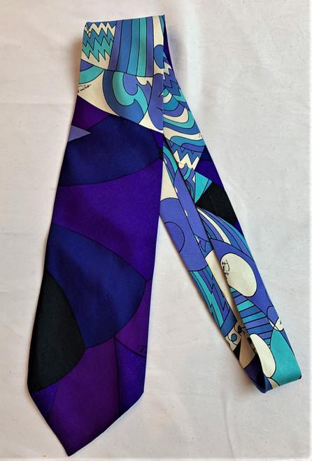 Second hand Emilio Pucci Blue/Purple/White Abstract Design Silk Tie