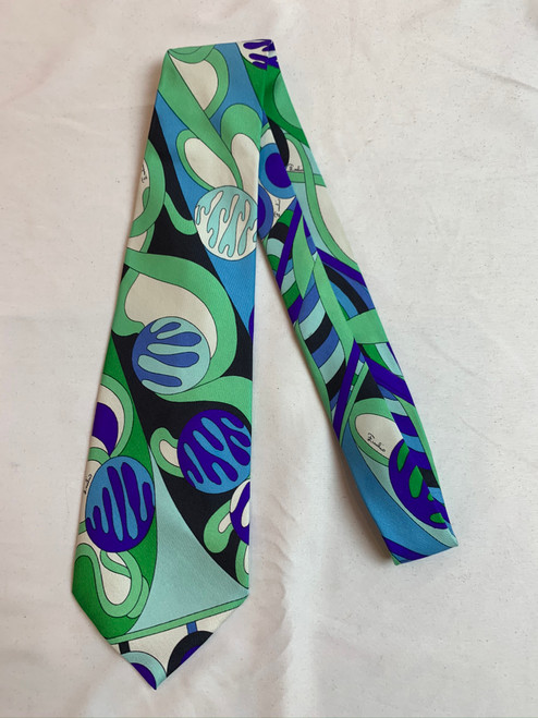 Second hand Emilio Pucci Green/Blue/Violet/White Abstract Design Silk Tie